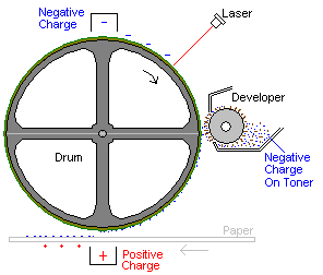 Drum Concept - Charged at top, Discarged where Lit. Toner Sticks, Toner Transfers to Paper